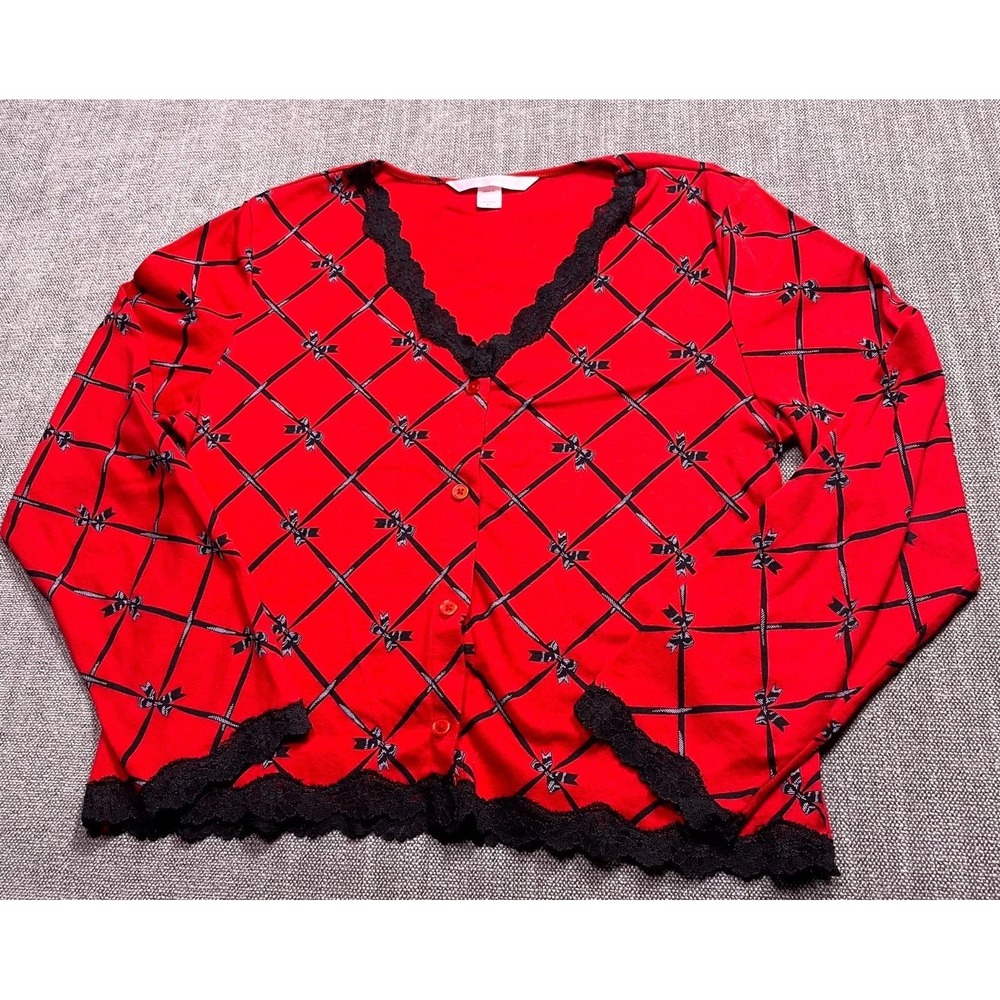 Victoria's Secret Cardigan Sweater Womens Medium Red Bow Lace Trim Button Front